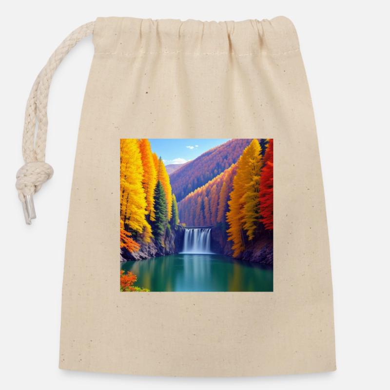 Wasserfall Herbst Goldener Wald - Verschließbarer Geschenkbeutel aus Baumwolle (14x20cm) - Natur