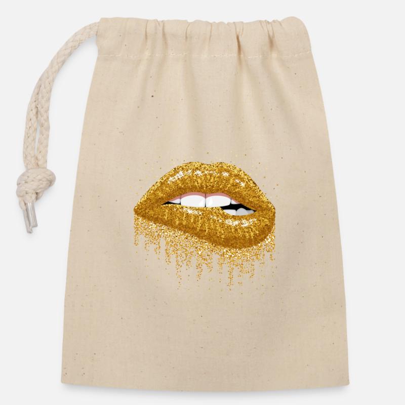 Goldglitzer Lippenkunst - Verschließbarer Geschenkbeutel aus Baumwolle (14x20cm) - Natur