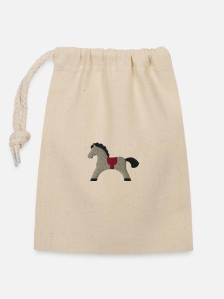 Cheval en bois brodé - Sac cadeau en coton avec cordon (14 x 20 cm) - nature
