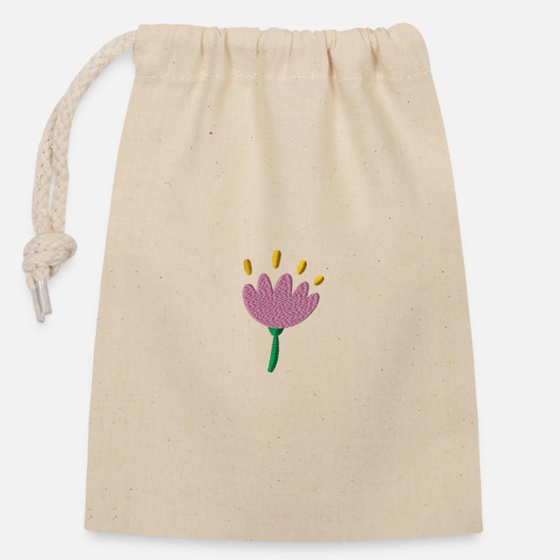 Fleur brodée - Sac cadeau en coton avec cordon (14 x 20 cm) - nature