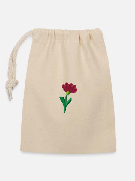 Fleur brodée - Sac cadeau en coton avec cordon (14 x 20 cm) - nature
