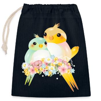 Deux canaris arrondis dans une splendeur de fleurs - Sac cadeau en coton avec cordon (25 x 30 cm) - bleu marine - Devant