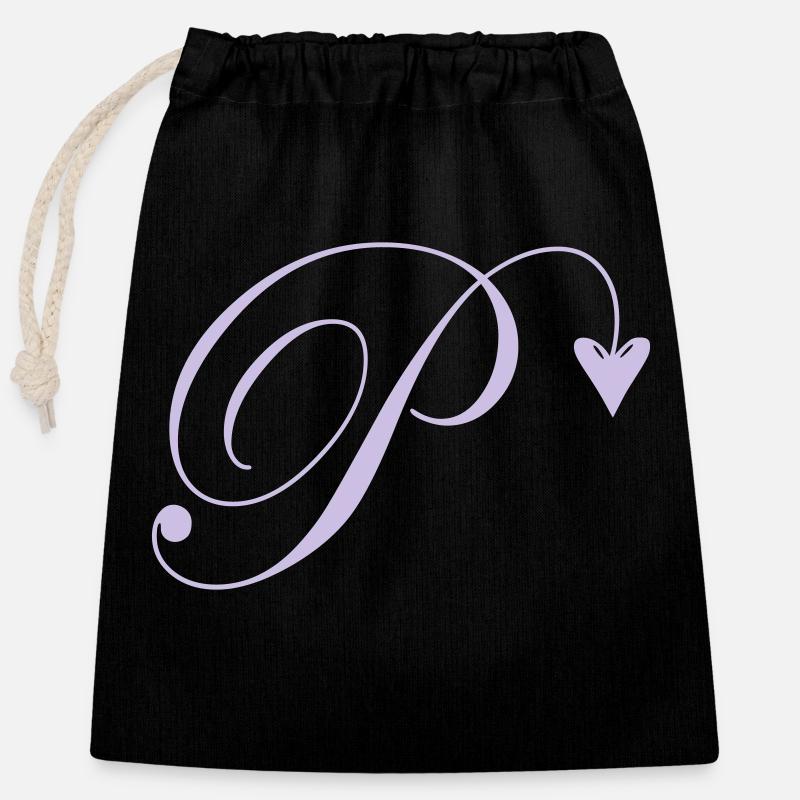Monogram P Heart Vine - Closable cotton gift bag (25x30cm) - black