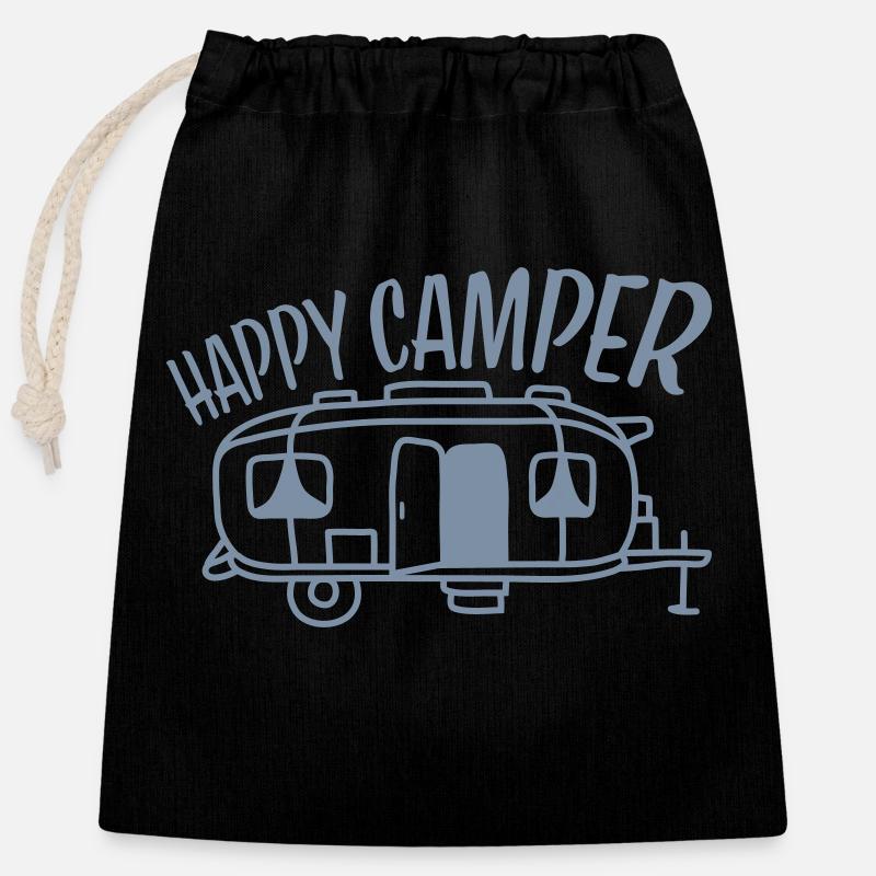 Kamper Happy Camper Design - Ściągany sznurkiem worek na prezenty (25 x 30 cm) - czarny