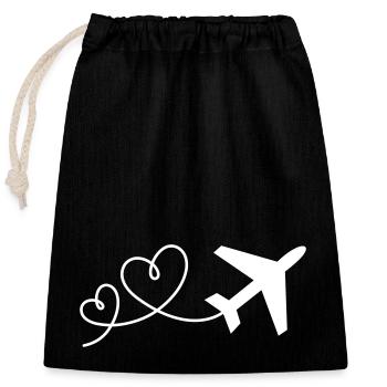 Avion avec des cœurs (les couleurs peuvent être changées) - Sac cadeau en coton avec cordon (25 x 30 cm) - noir - Devant