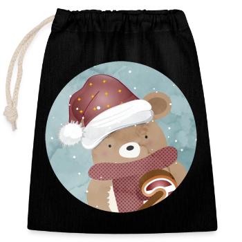 goldiger Bär für Weihnachten mit Weihnachtsmütze - Verschließbarer Geschenkbeutel aus Baumwolle (25x30cm) - Schwarz - Vorne