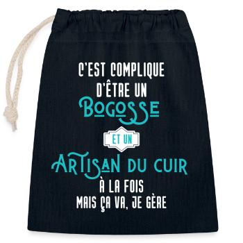 C'est compliqué d'être Bogosse et Artisan du cuir - Sac cadeau en coton avec cordon (25 x 30 cm) - bleu marine - Devant
