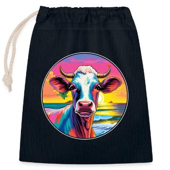Vache Aquarelle Colorée Dessin Animé Kawaii Animal - Sac cadeau en coton avec cordon (25 x 30 cm) - bleu marine - Devant