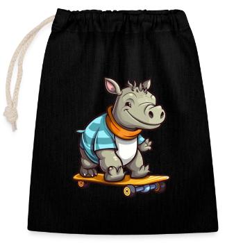 Funny Rhino Kawaii Cartoon Pet Playing Skateboard - Closable cotton gift bag (25x30cm) - black - Front