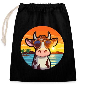 Cow Funny Cartoon Kawaii Beach Illustration - Closable cotton gift bag (25x30cm) - black - Front