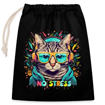 Cat with headphones Funny saying NO STRESS - Closable cotton gift bag (25x30cm) - black - Front