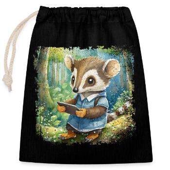 Cute young anteater with mobile phone - Closable cotton gift bag (25x30cm) - black - Front