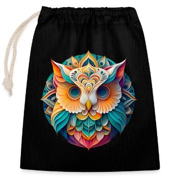 Bunte Eule im Mandala Design - Verschließbarer Geschenkbeutel aus Baumwolle (25x30cm) - Schwarz - Vorne