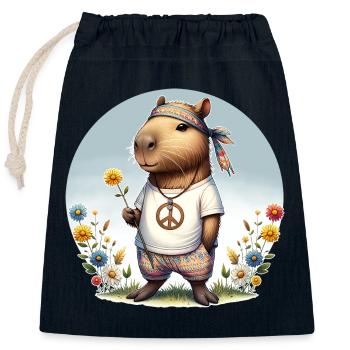 Capybara Hippie Peace - Closable cotton gift bag (25x30cm) - navy - Front