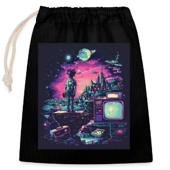 Retro-Gaming-Odyssee - Verschließbarer Geschenkbeutel aus Baumwolle (25x30cm) - Schwarz - Vorne