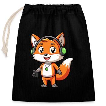 Fuchs Lustige Zeichentrickfigur Kopfhörer Musik - Verschließbarer Geschenkbeutel aus Baumwolle (25x30cm) - Schwarz - Vorne