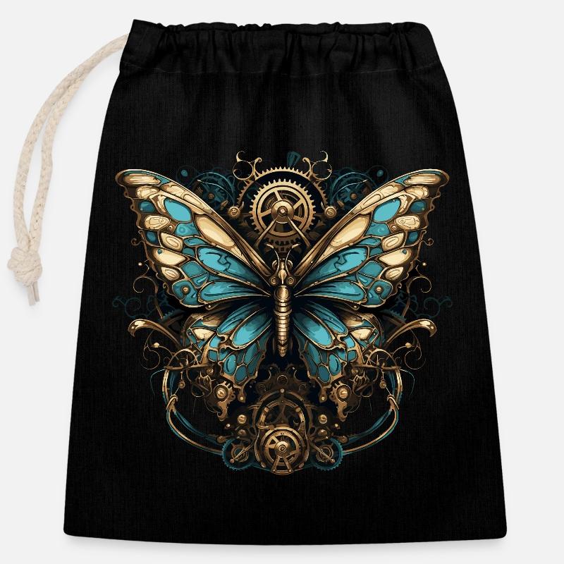Papillon Steampunk - Sac cadeau en coton avec cordon (25 x 30 cm) - noir