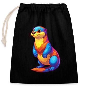 Loutre de mer Coloré Kawaii Dessin animé Animal marin - Sac cadeau en coton avec cordon (25 x 30 cm) - noir - Devant