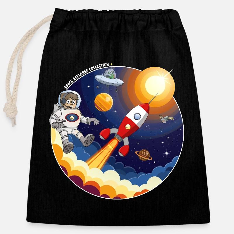 Fusée, astronaute, OVNI et planètes dans l’espace. - Sac cadeau en coton avec cordon (25 x 30 cm) - noir