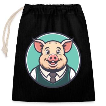 Cochon Kawaii Dessin animé Personnage Animal Animal Visage - Sac cadeau en coton avec cordon (25 x 30 cm) - noir - Devant