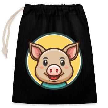 Cochon Kawaii Dessin animé Personnage Animal Animal Visage - Sac cadeau en coton avec cordon (25 x 30 cm) - noir - Devant