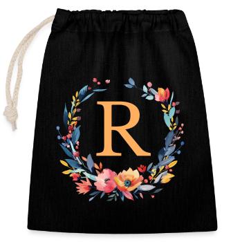 R Monogram, Couronne de fleurs, Personnalisable - Sac cadeau en coton avec cordon (25 x 30 cm) - noir - Devant