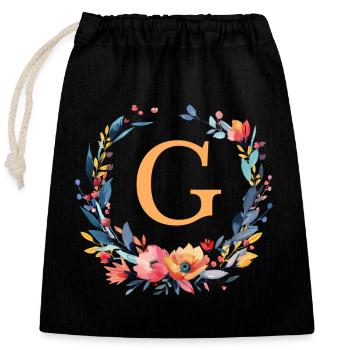 G Monogram, Couronne de fleurs, Personnalisable - Sac cadeau en coton avec cordon (25 x 30 cm) - noir - Devant