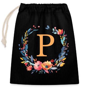 P Monogram, Couronne de fleurs, Personnalisable - Sac cadeau en coton avec cordon (25 x 30 cm) - noir - Devant