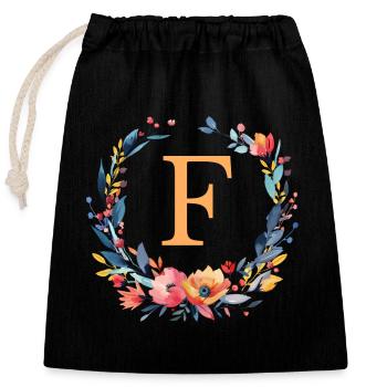 F Monogram, Couronne de fleurs, Personnalisable - Sac cadeau en coton avec cordon (25 x 30 cm) - noir - Devant