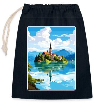 Lac de Bled Slovénie Affiche de voyage Peinture Souvenir WP - Sac cadeau en coton avec cordon (25 x 30 cm) - bleu marine - Devant