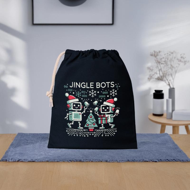 Jingle Bots - Christmas Robots with Binary Code Closable cotton gift bag (25x30cm)