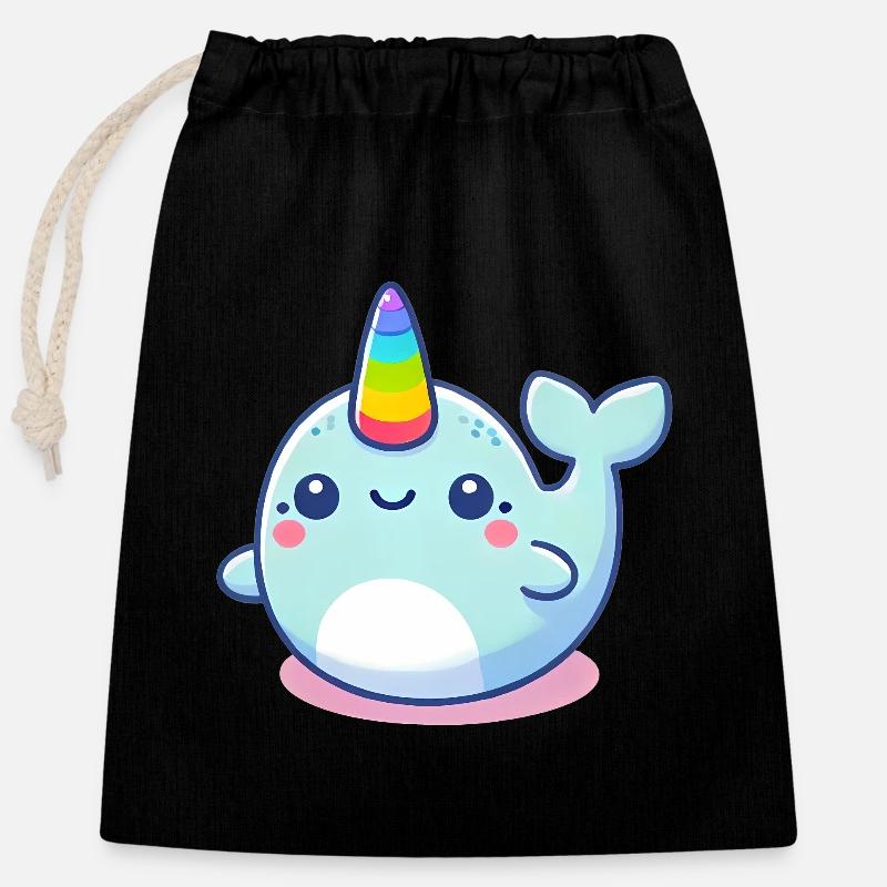 Mignon arc en ciel corne narval dessin animé - Sac cadeau en coton avec cordon (25 x 30 cm) - noir
