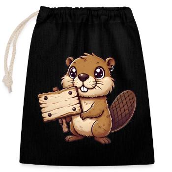 Adorable castor tenant signe vierge - Sac cadeau en coton avec cordon (25 x 30 cm) - noir - Devant