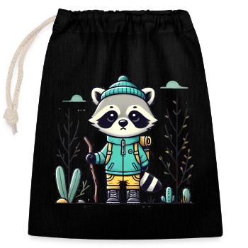 Adventurous Raccoon in Hiking Outfit - Closable cotton gift bag (25x30cm) - black - Front