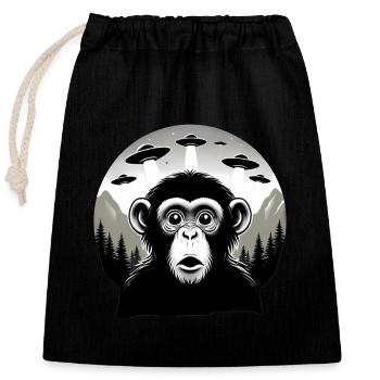 Monkey with UFO - Closable cotton gift bag (25x30cm) - black - Front