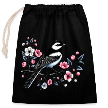 Chicadee on Blossoming Branch Design - Closable cotton gift bag (25x30cm) - black - Front