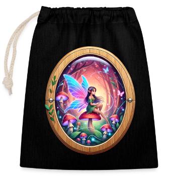 Fairy on a Rainbow Mushroom Design - Closable cotton gift bag (25x30cm) - black - Front