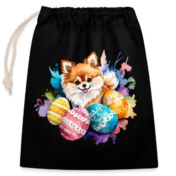 Poméranien Poméranien Aquarelle de Pâques - Sac cadeau en coton avec cordon (25 x 30 cm) - noir - Devant
