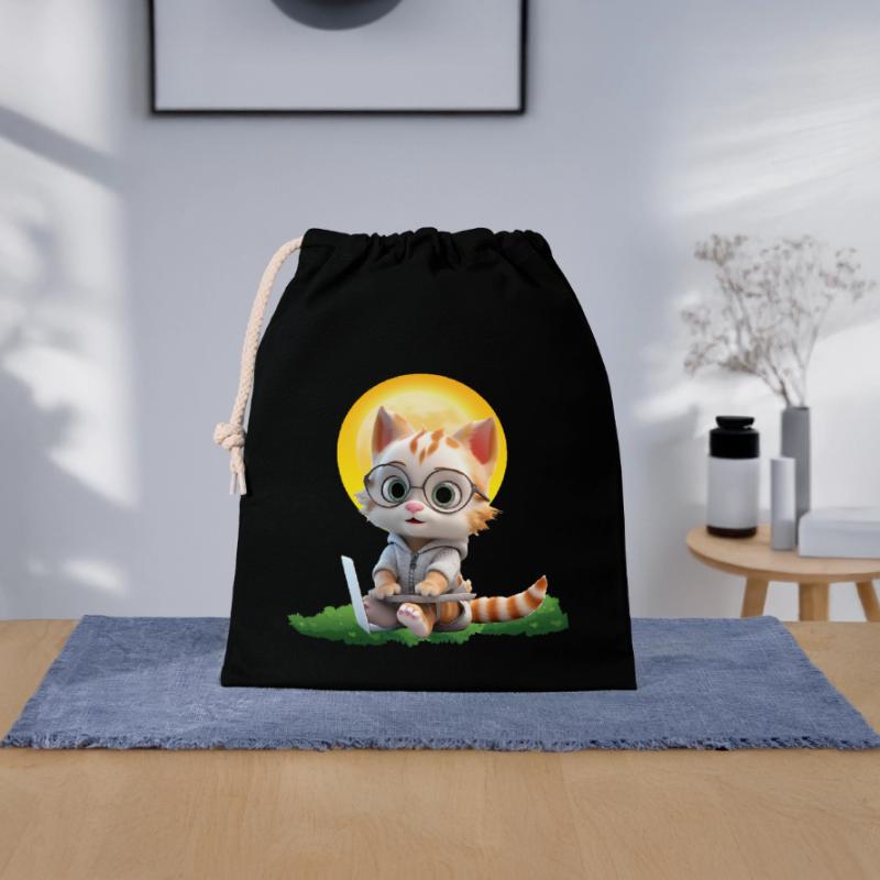 Smart Cat Sun Coder : Impression d’art pour ordinateur portable chaton Sac cadeau en coton avec cordon (25 x 30 cm)