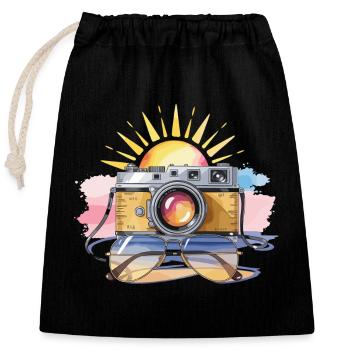 Aperçu de l’été : appareil photo et soleil - Sac cadeau en coton avec cordon (25 x 30 cm) - noir - Devant