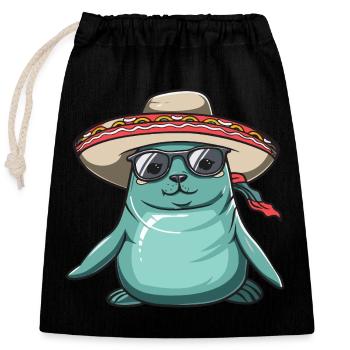 Robbe Tier Lustig Sombrero - Verschließbarer Geschenkbeutel aus Baumwolle (25x30cm) - Schwarz - Vorne