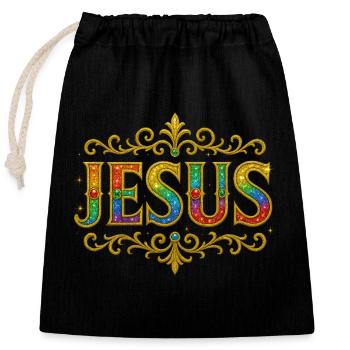 JESUS Glitzer Gold Pailletten - Verschließbarer Geschenkbeutel aus Baumwolle (25x30cm) - Schwarz - Vorne