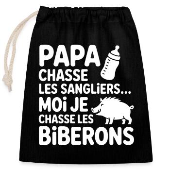 Body bébé drôle – Papa chasse, moi aussi ! - Sac cadeau en coton avec cordon (25 x 30 cm) - noir - Devant