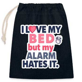 J’aime mon lit, mais mon réveil le déteste ⏰💤 - Sac cadeau en coton avec cordon (25 x 30 cm) - bleu marine - Devant