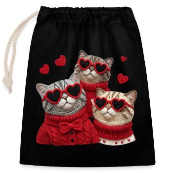 Valentins Katzen Mit Herzbrillen Und Pullis - Verschließbarer Geschenkbeutel aus Baumwolle (25x30cm) - Schwarz - Vorne