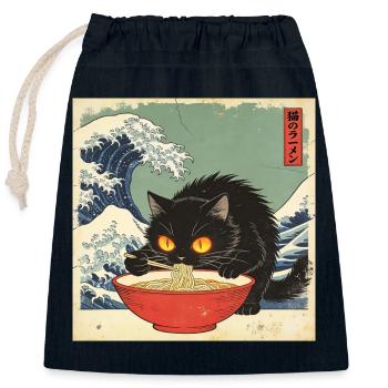 Japan Cat Ramen Noodles Retro Wave Pattern - Closable cotton gift bag (25x30cm) - navy - Front
