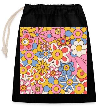 Retro Flower Power Pattern – 70s Hippie Floral - Closable cotton gift bag (25x30cm) - black - Front