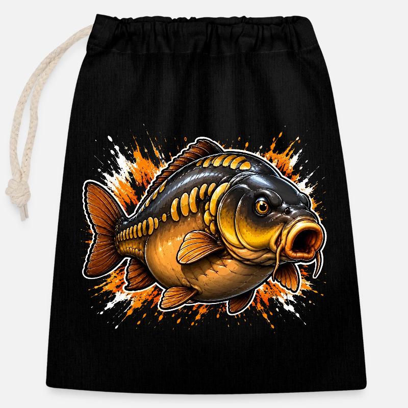 Explosives Spiegel-Karpfenfischen-Design - Verschließbarer Geschenkbeutel aus Baumwolle (25x30cm) - Schwarz