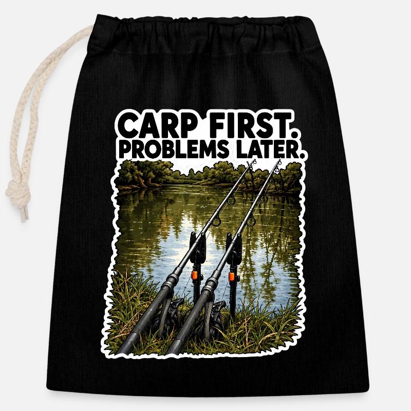 Premiers problèmes de la carpe Plus tard conception de la pêche - Sac cadeau en coton avec cordon (25 x 30 cm) - noir
