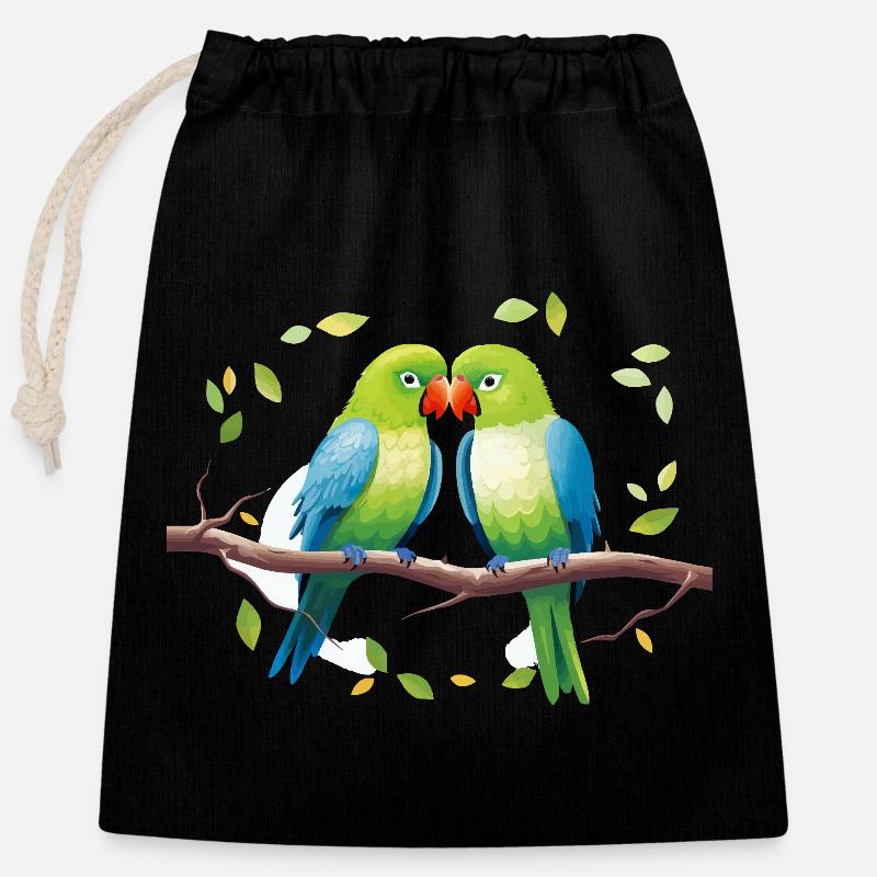 Embrasser des perroquets sur une branche - Sac cadeau en coton avec cordon (25 x 30 cm) - noir